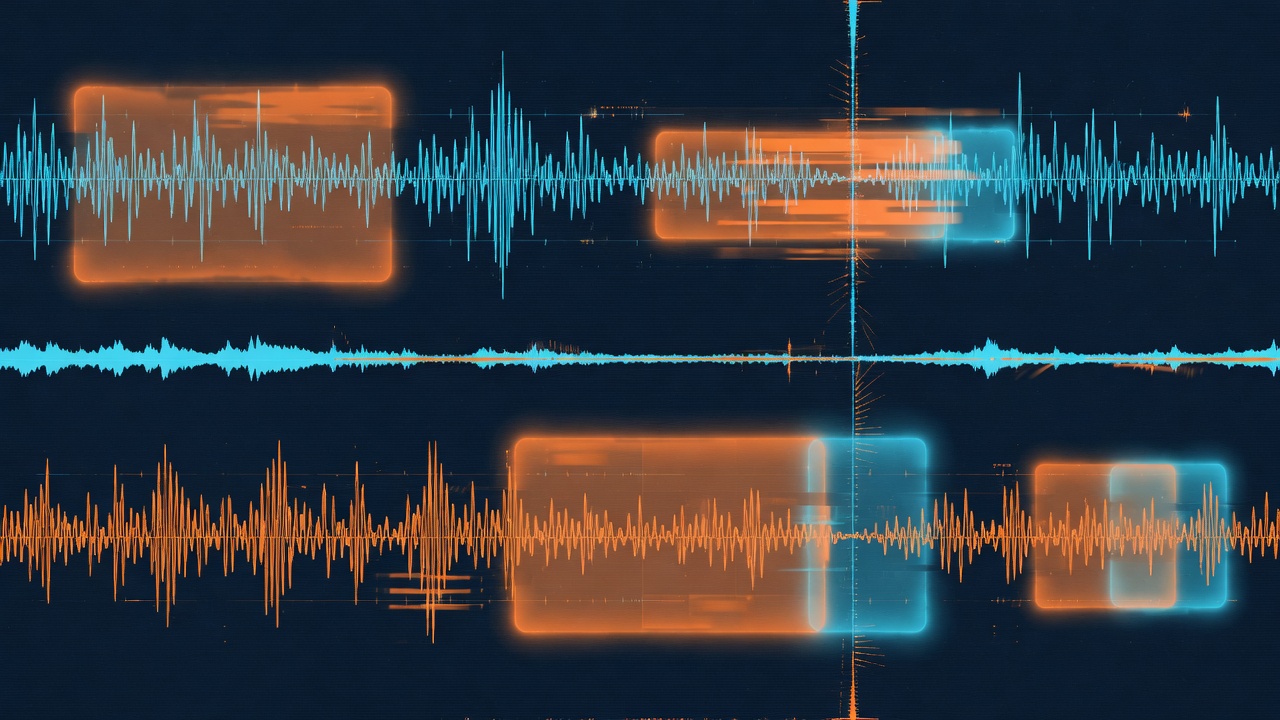 Abstract technical illustration of two adjoining waveform bands, one partly covered by glowing orange masks, on a dark navy ground