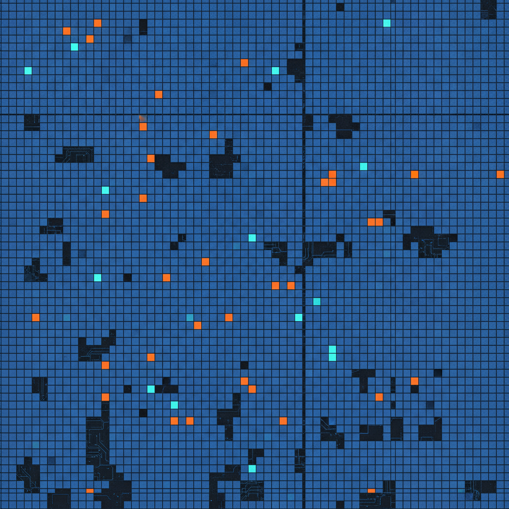 Abstract technical illustration of a large grid of document tiles, almost all one colour, with a few sparse clusters of other colours and several empty slots, on a dark ground