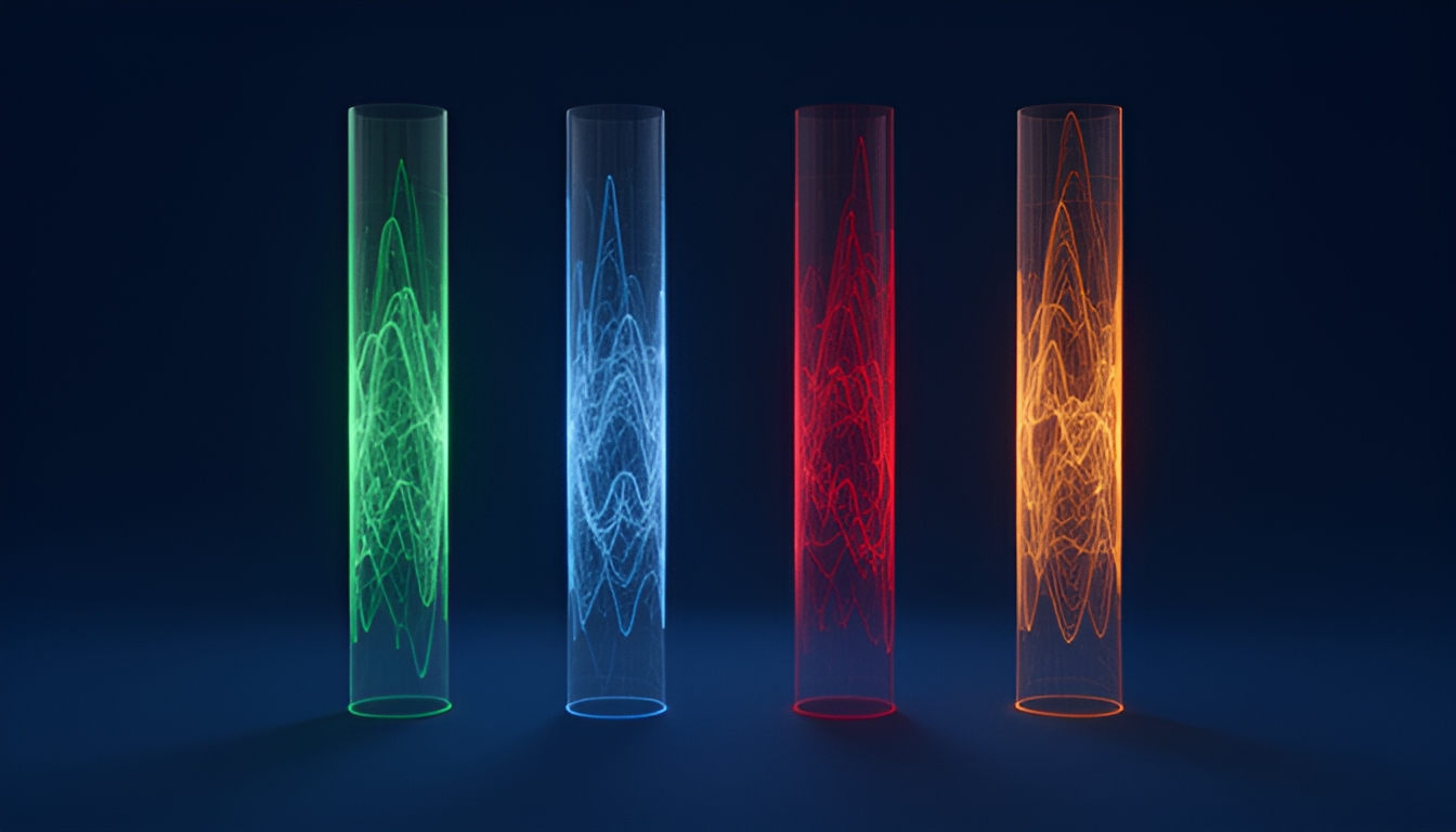 Abstract technical illustration of four translucent vertical columns of glowing waveform lines on a dark navy ground, each column a different height and a different accent color, suggesting four separate legal systems measuring the same signal differently