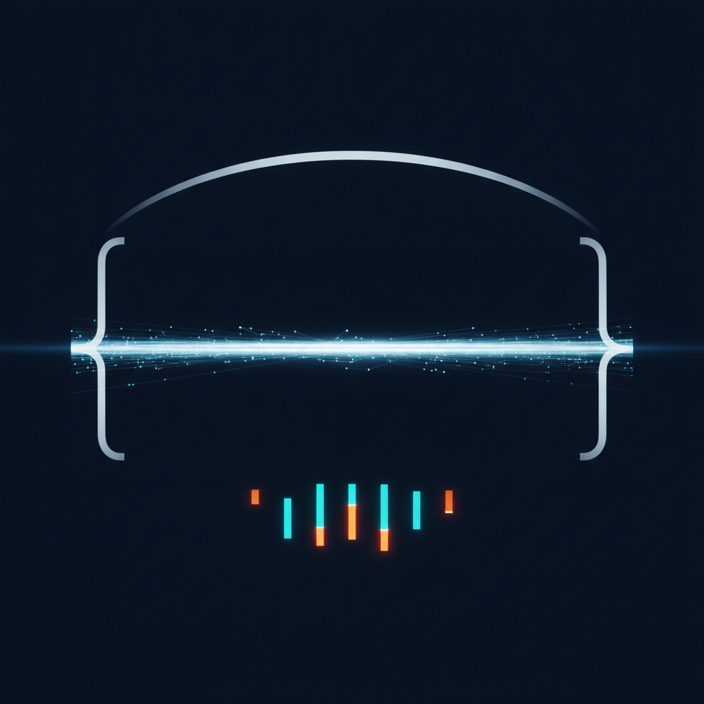 Abstract technical illustration of a long horizontal band with one bracket spanning its full width above several short highlighted segments, cyan and orange on a dark navy ground