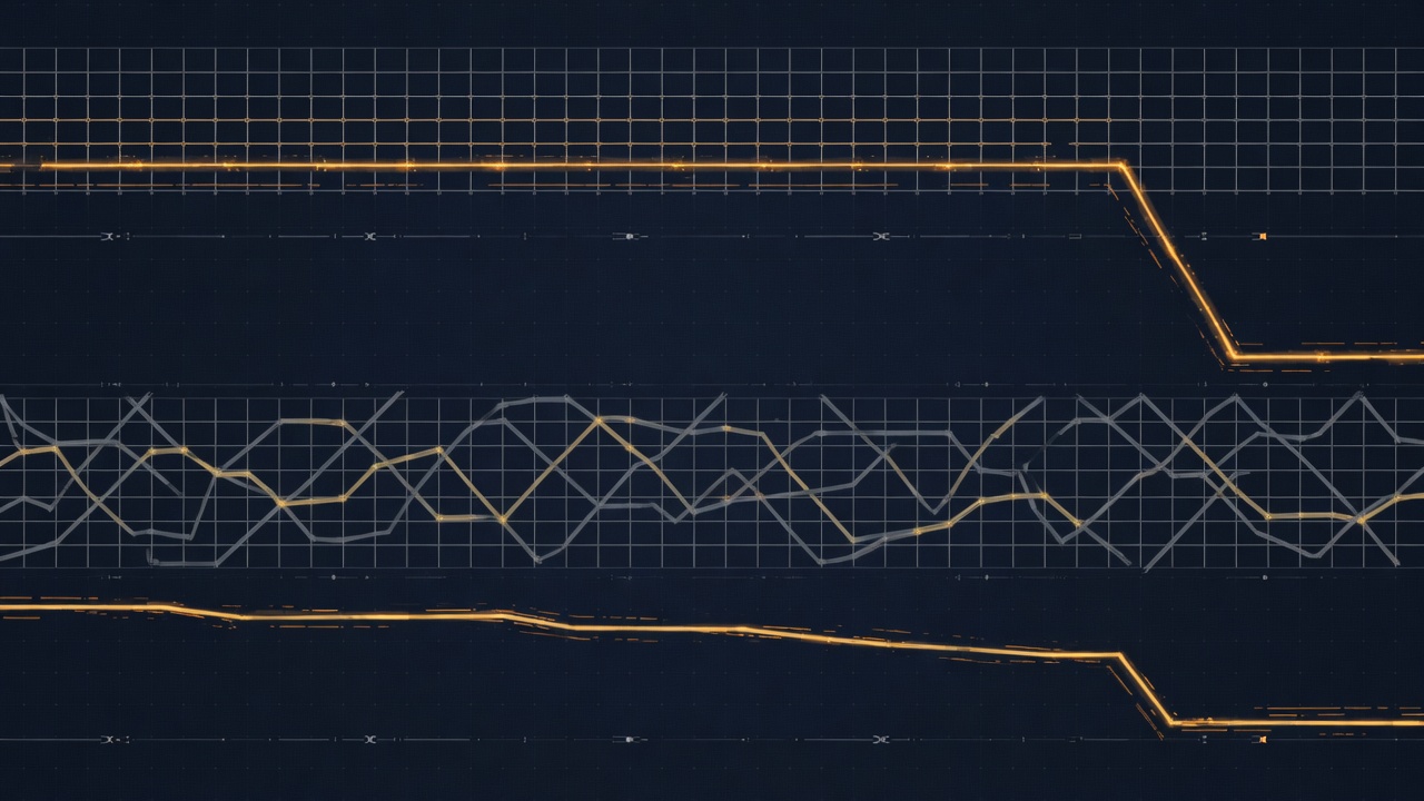 Abstract technical illustration of two parallel signal paths, one passing through a familiar lattice and dropping sharply, the other through an unfamiliar lattice and dropping only part way, amber and slate on a dark navy ground