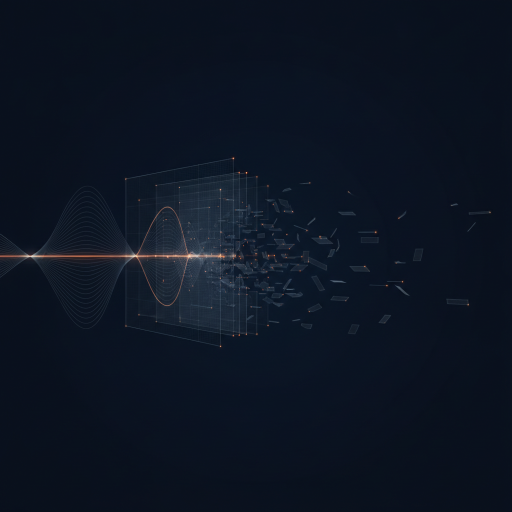 Abstract visualization of a clean waveform fragmenting into noisy, broken segments as it passes through a recognition layer