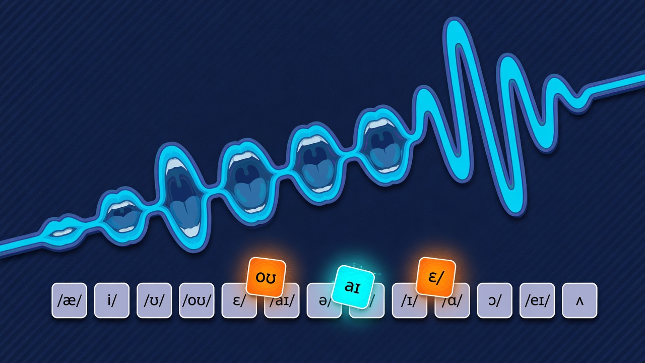 Abstract technical illustration of a mouth-shaped waveform aligned against a row of phoneme tiles along a diagonal path, cyan and orange on a dark navy ground