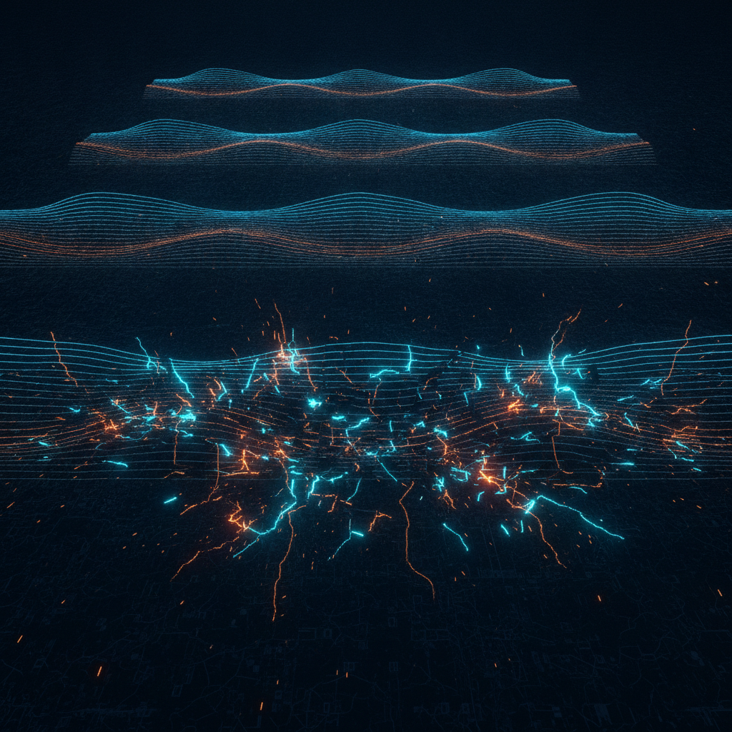 Abstract technical illustration of three stepped terraces of glowing lines on a dark navy ground, the lowest terrace fractured, cyan and orange accents