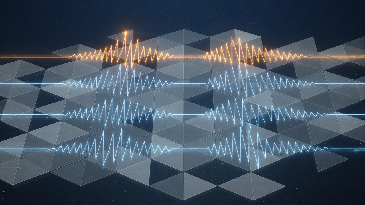 Abstract technical illustration of five parallel waveform channels passing through a lattice of face-shaped mesh tiles, one channel brighter than the rest, amber and steel blue on a dark navy ground