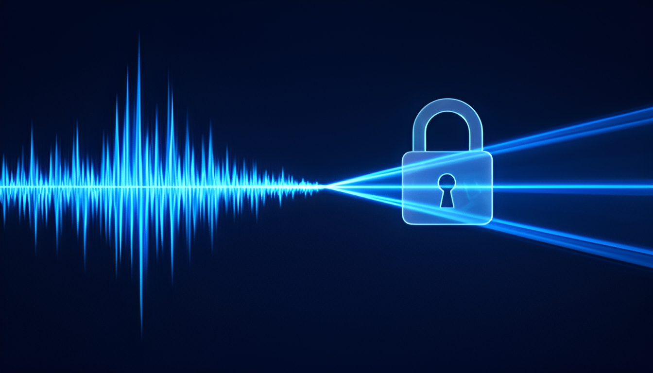 Abstract technical illustration of a glowing audio waveform splitting into two diverging paths, one labelled with a padlock icon and one open, on a dark navy ground