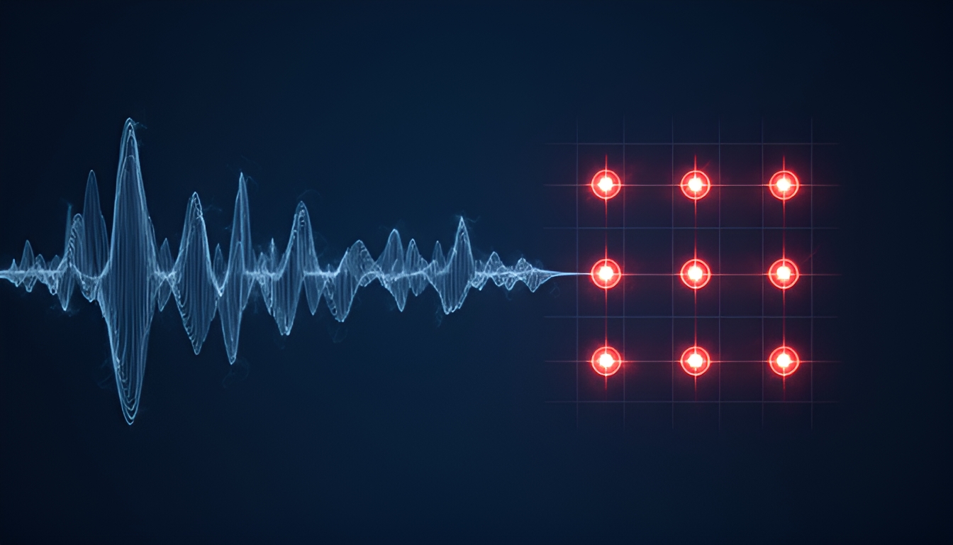 Abstract technical illustration of a single waveform fingerprint being copied into nine separate glowing nodes arranged in a grid, in muted blue and red tones on a dark navy background, no readable text