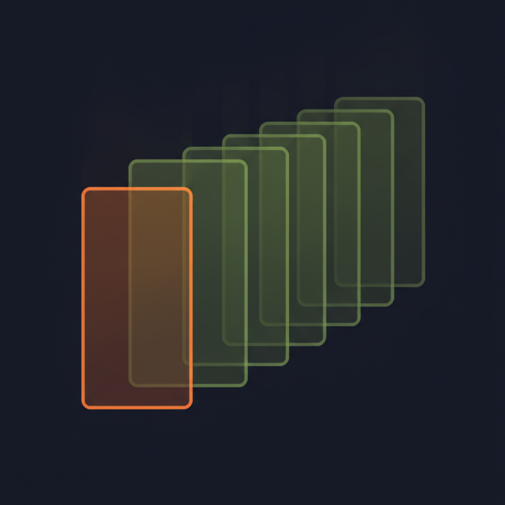 Abstract technical illustration of seven parallel translucent panes of different heights stacked in depth, with one pane pulled forward and outlined, green and orange on a dark ground