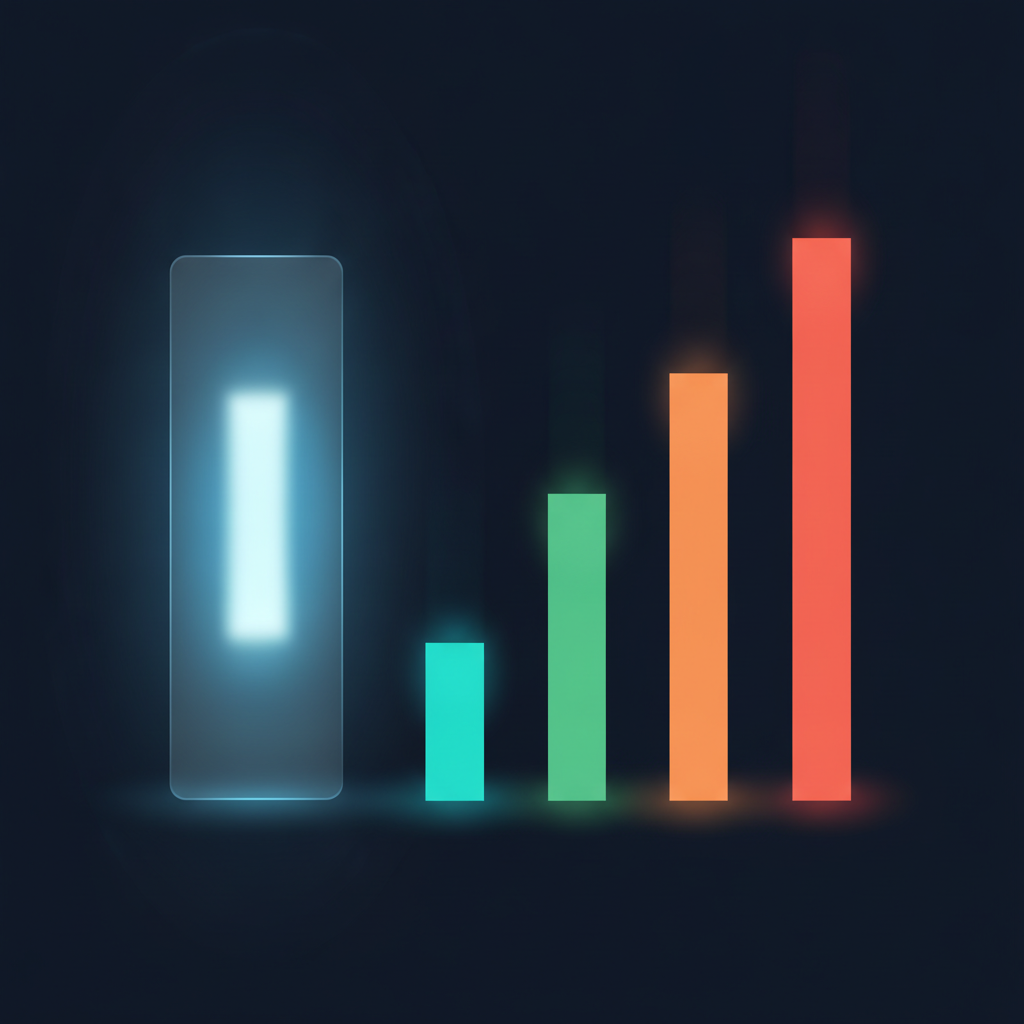 Abstract technical illustration of four parallel vertical bars of differing lengths behind a frosted panel that hides a fifth source element, cyan green orange and red on a dark ground