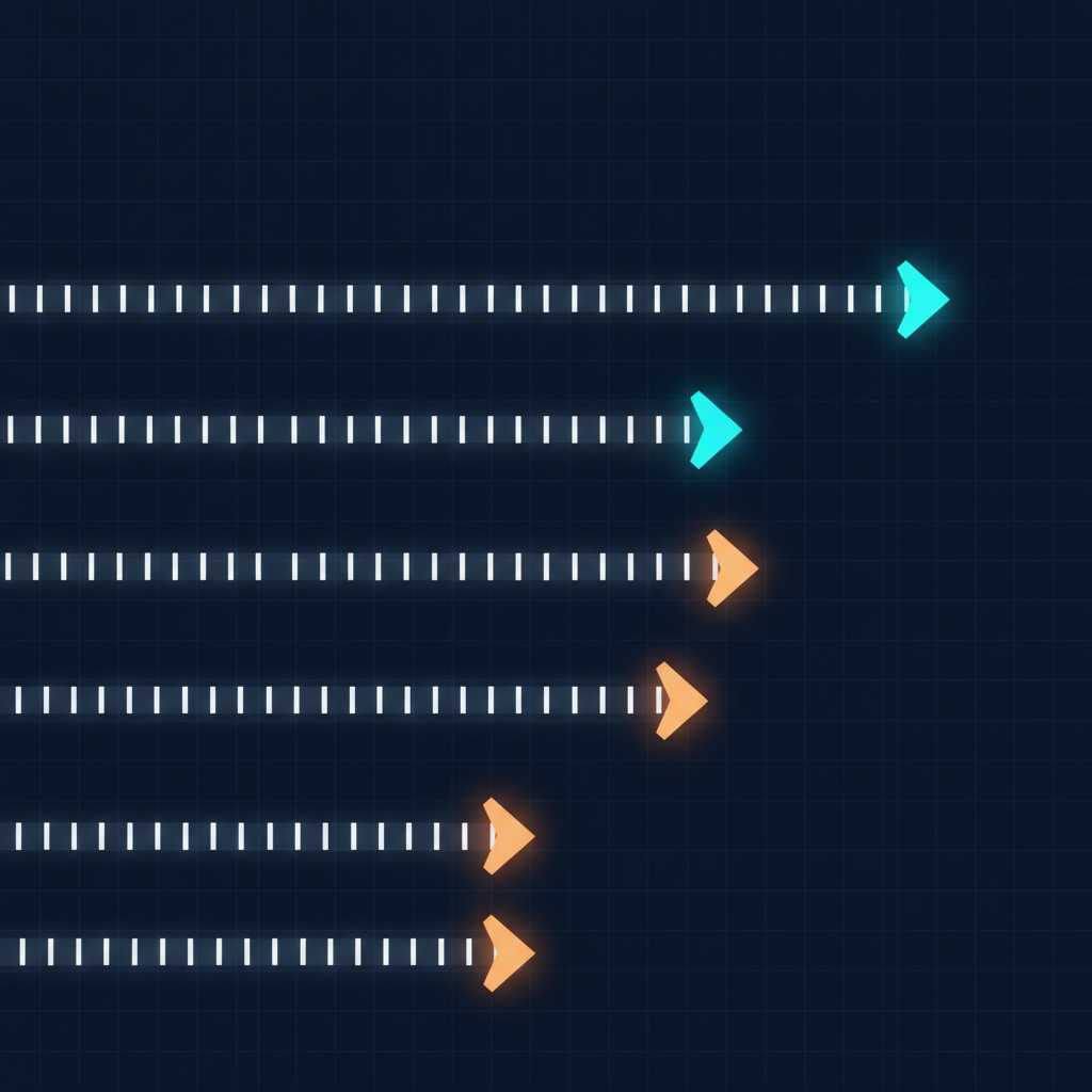 Abstract technical illustration of five parallel measurement rails of different lengths with a single bright marker leading on only one rail, cyan and orange on a dark ground