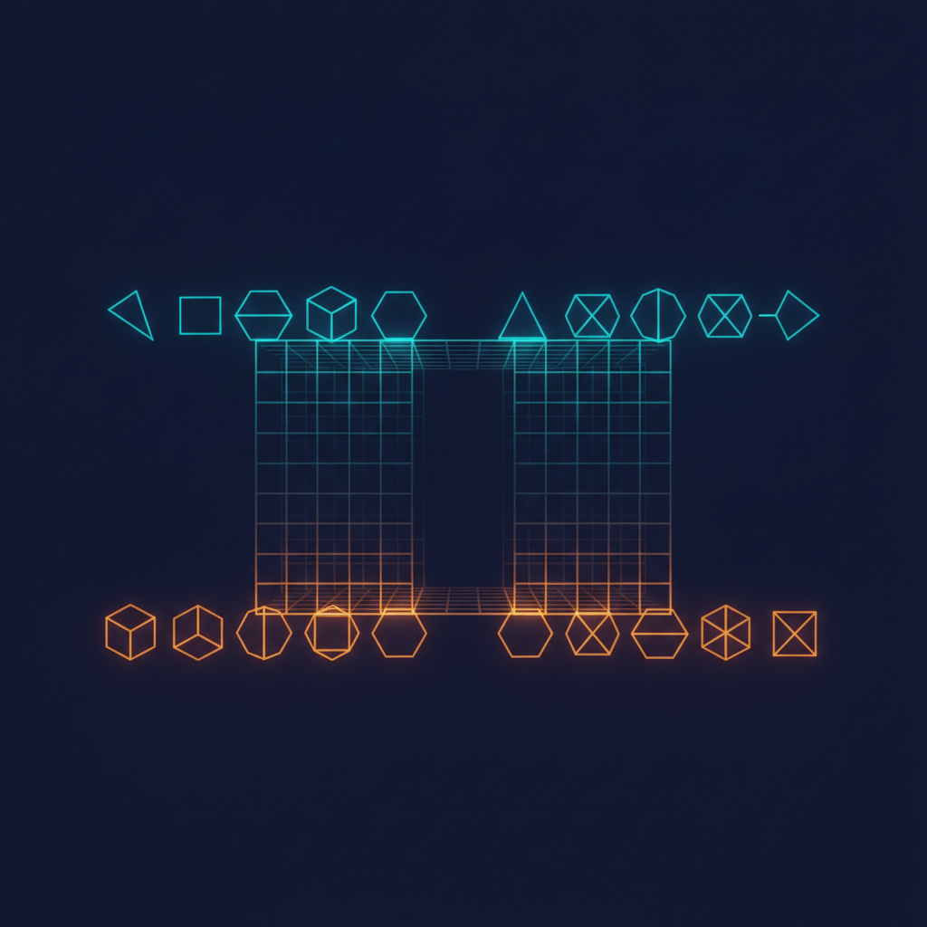 Abstract technical illustration of two nearly identical strings of glowing glyphs passing through a filter that erases a single thin gap, cyan and orange on a dark ground