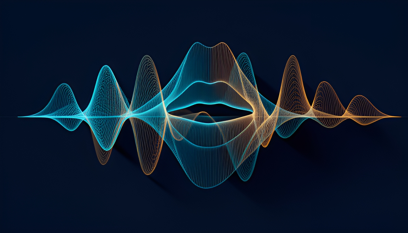 Abstract technical illustration of a waveform and a mouth-shape outline drifting out of alignment as a second, mismatched waveform is overlaid, in cyan and amber on a dark navy background, no readable text
