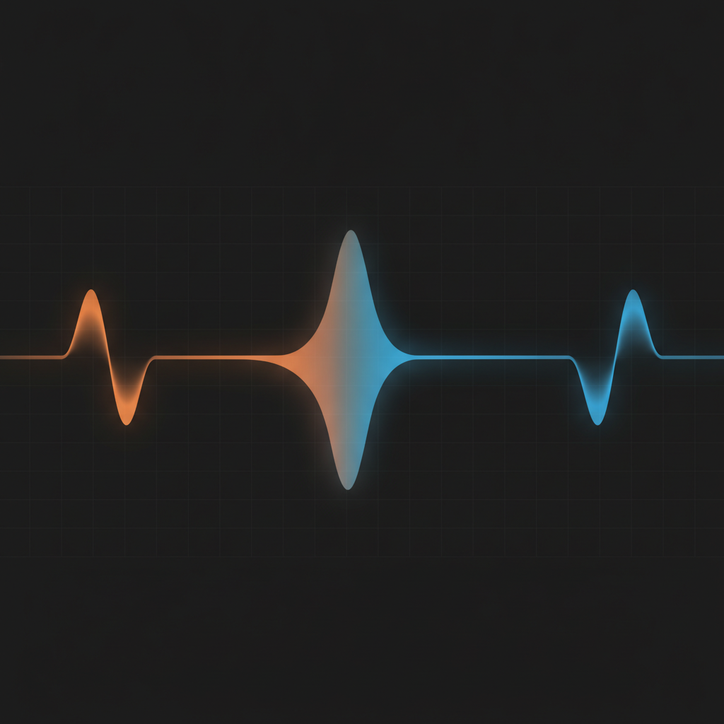 Two overlapping abstract waveform envelopes drifting apart along one axis while converging along another, on a dark ground
