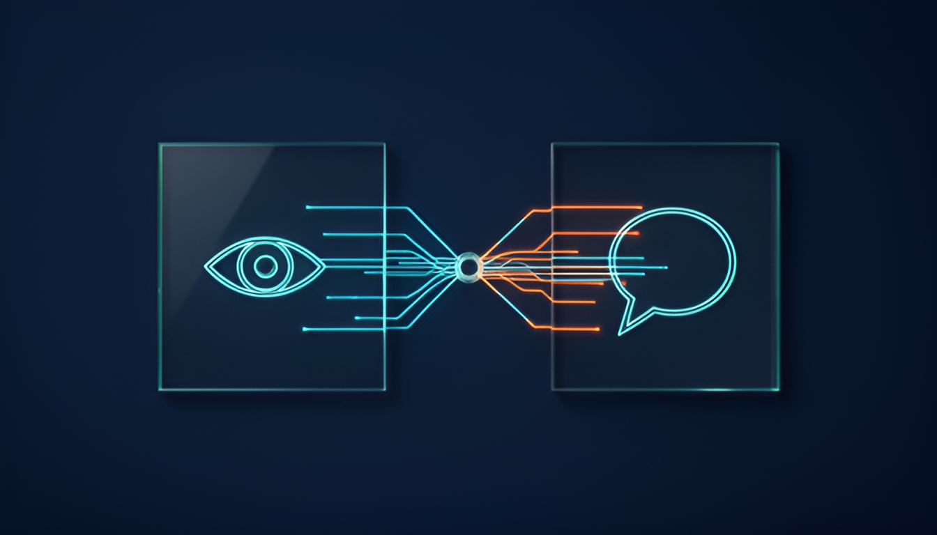 Abstract technical illustration of two translucent glass panes side by side on a dark navy ground, one pane etched with a simple eye icon and one with a speech-bubble icon, connected by thin glowing lines of different lengths to suggest two separate signal paths feeding into one translation output