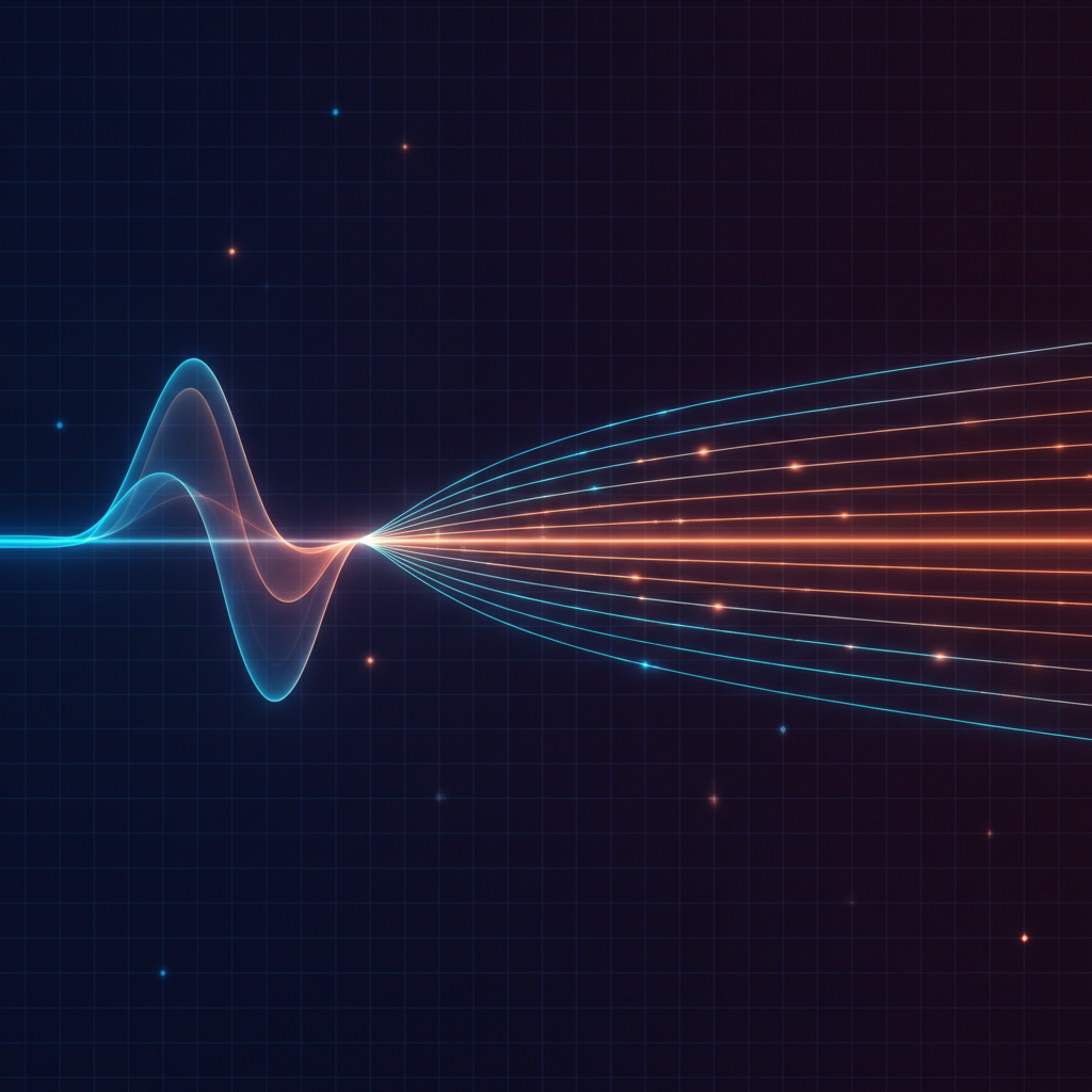 Abstract technical illustration of one waveform splitting into many parallel coloured waveforms fanning out across a dark grid, cyan and orange accents