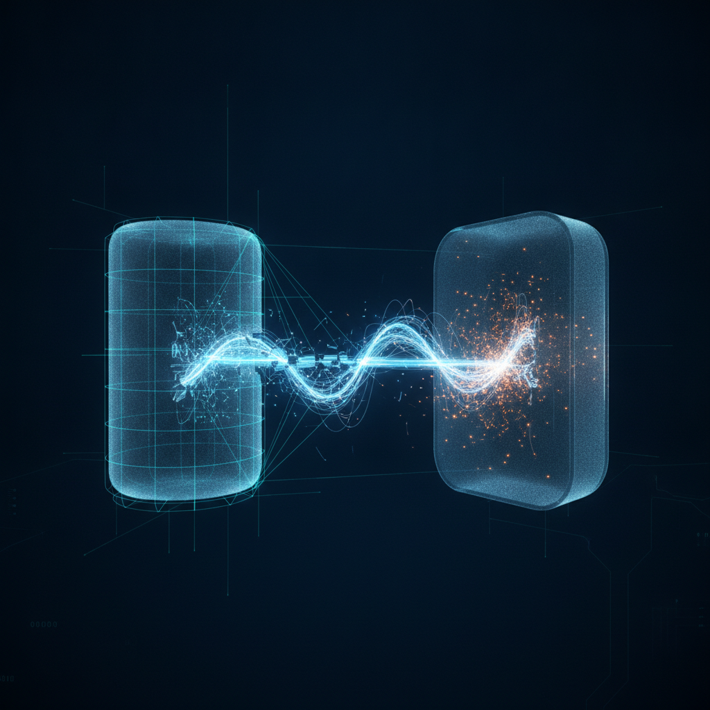 Abstract technical illustration of a signal passing through two separate processing stages, a scanning stage and a repair stage, in cyan and orange on a dark navy ground