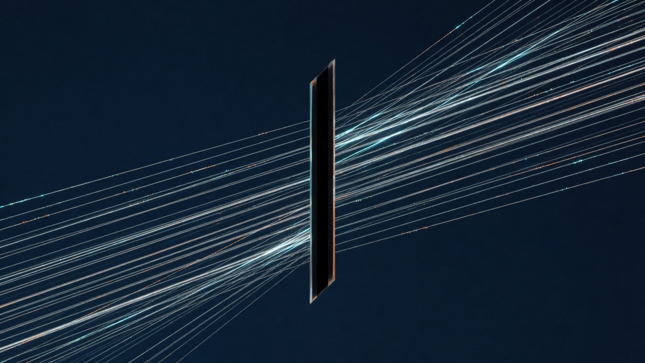 Abstract technical illustration of parallel text strands passing through a single narrow gate that lights some strands and dims others, cyan and orange on a dark navy ground