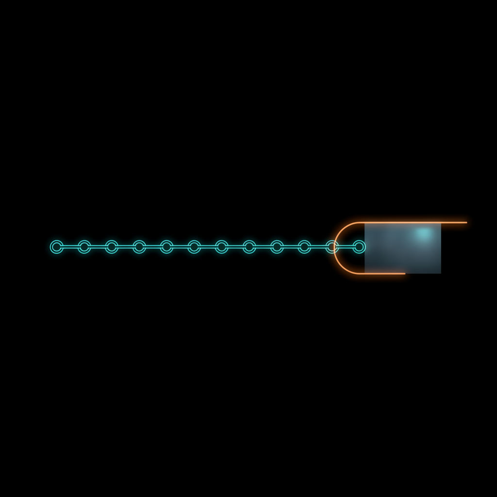 Abstract technical illustration of a long chain of linked nodes where one link reaches far back past a shaded window, cyan and orange on a dark ground