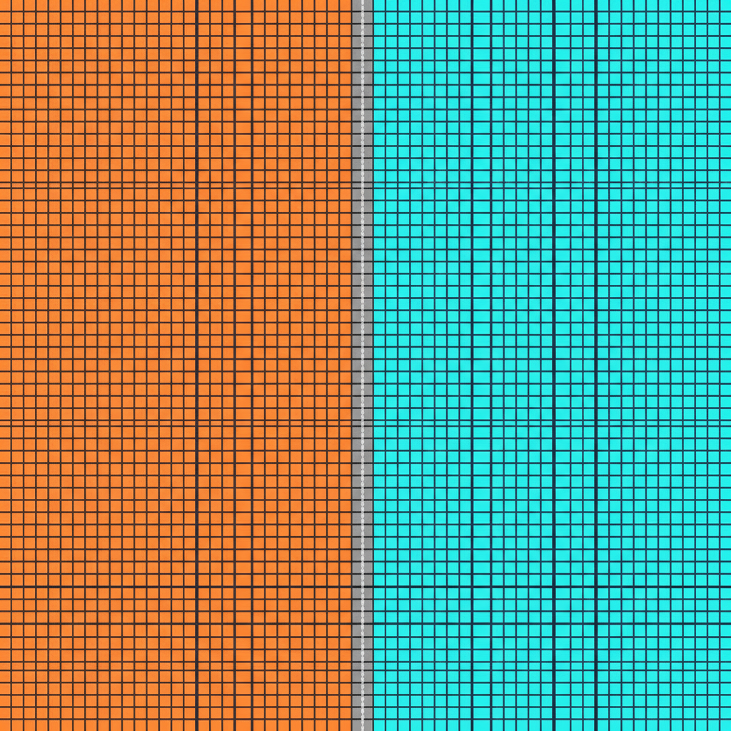Abstract technical illustration of two dense interlocking grids of small square cells sharing an edge but with no cell spanning the boundary, orange on one side and cyan on the other against a dark ground