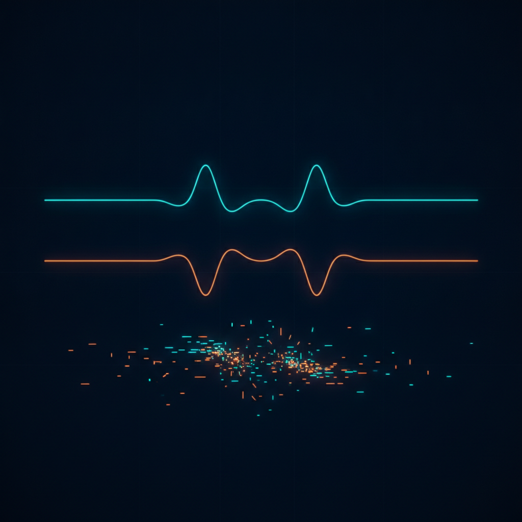 Abstract technical illustration of two waveforms of equal length stacked above a scattered cloud of short marks, cyan and orange on a dark navy ground