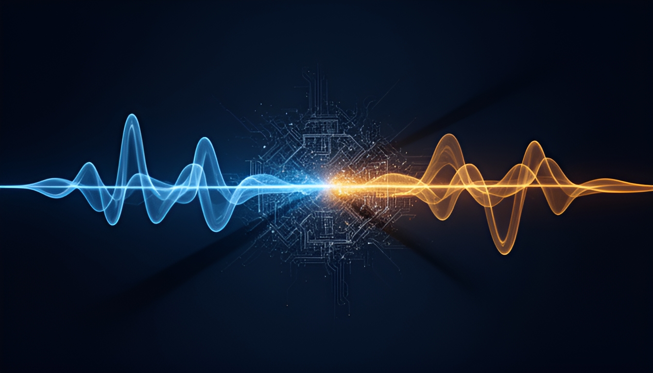 Abstract technical illustration of two translucent waveform streams flowing toward each other through a glowing network node on a dark navy ground, one stream rendered in cool blue and one in warm amber, meeting and swapping color at the node, suggesting two languages being translated into each other in real time inside a telecom network