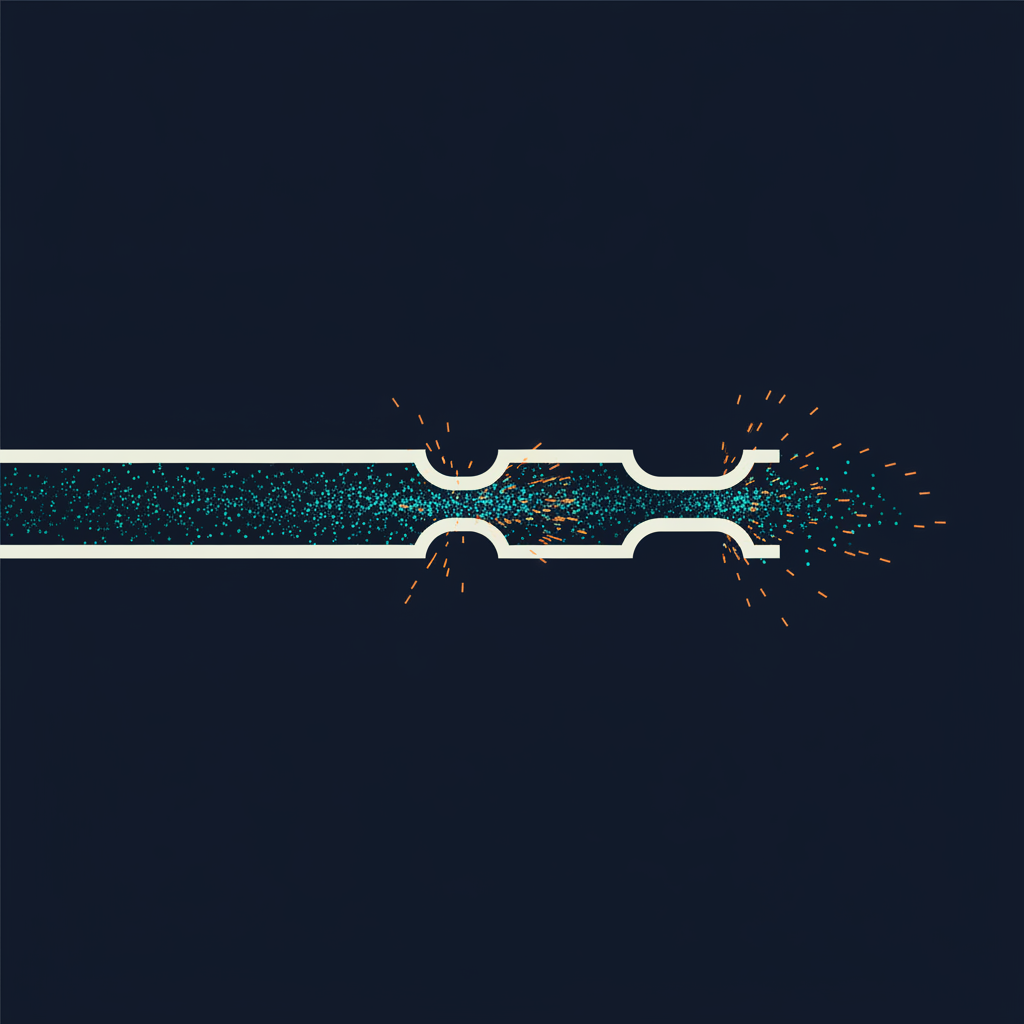 Abstract technical illustration of a wide multi-lane channel narrowing into a single pale bottleneck and widening again, with a visible loss of particles at both narrow points, orange and cyan on a dark ground
