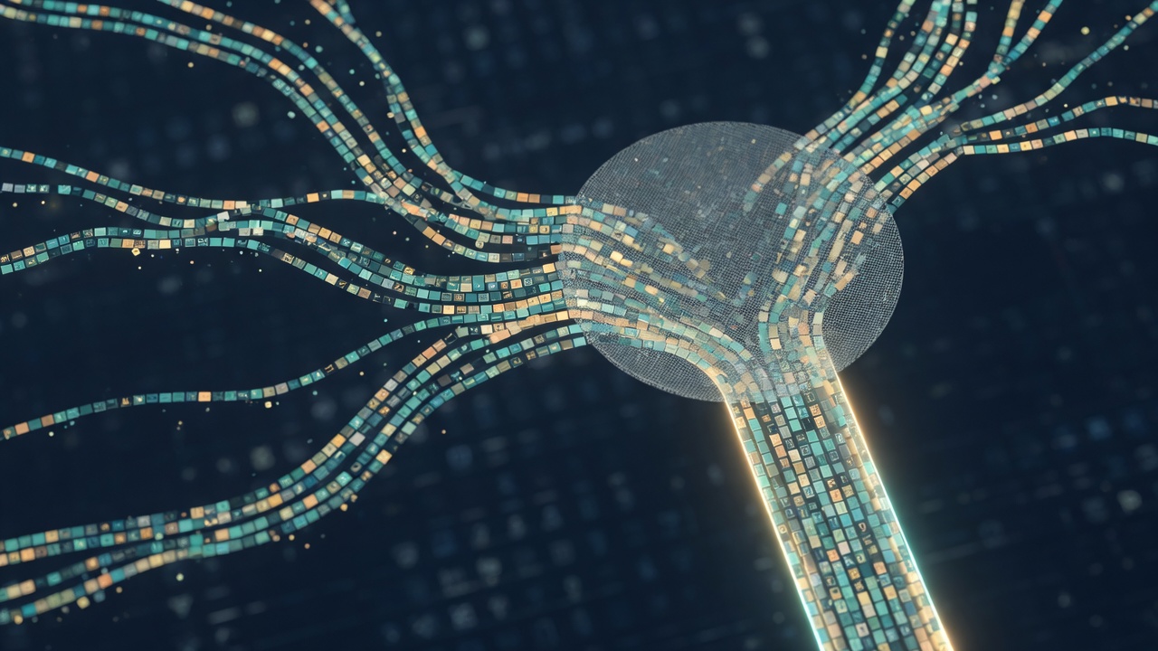 Abstract technical illustration of many coloured text streams passing through a single translucent sieve into one narrow channel, teal and amber on a dark navy ground