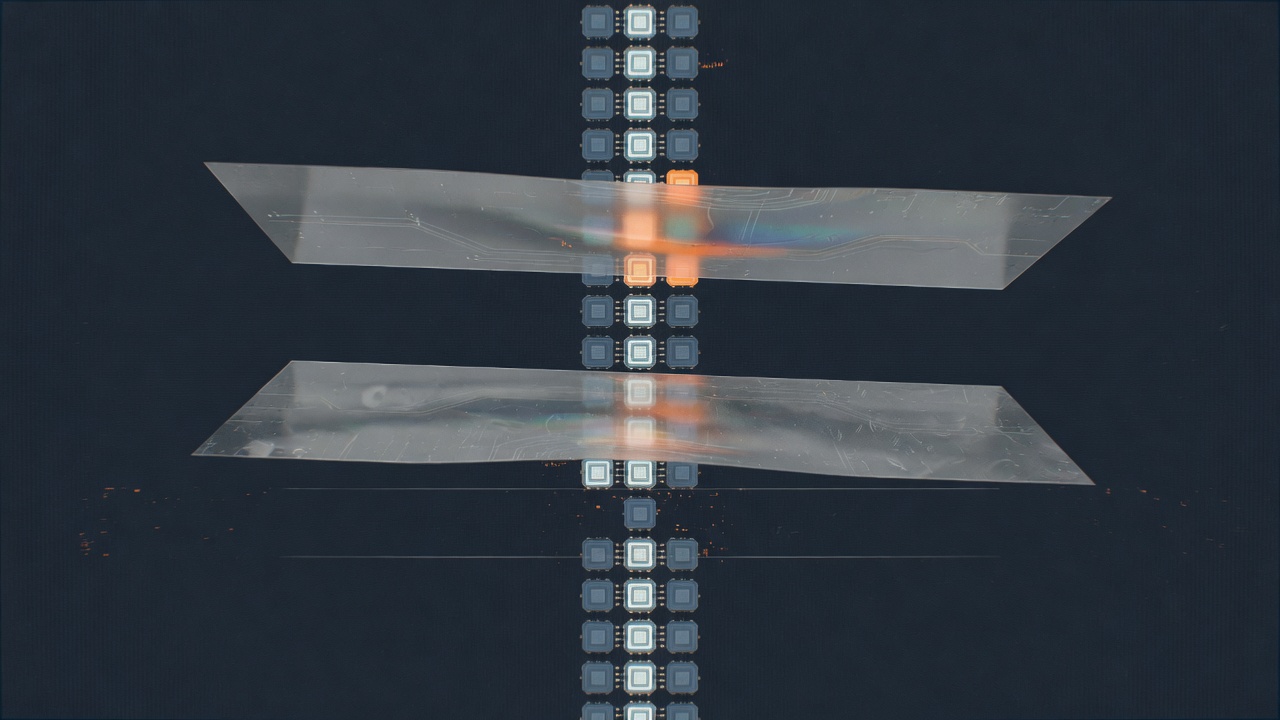 Abstract technical illustration of a column of signal blocks passing through two filters, with one band of blocks missing after the second filter, muted slate tones with a single orange accent on a dark ground