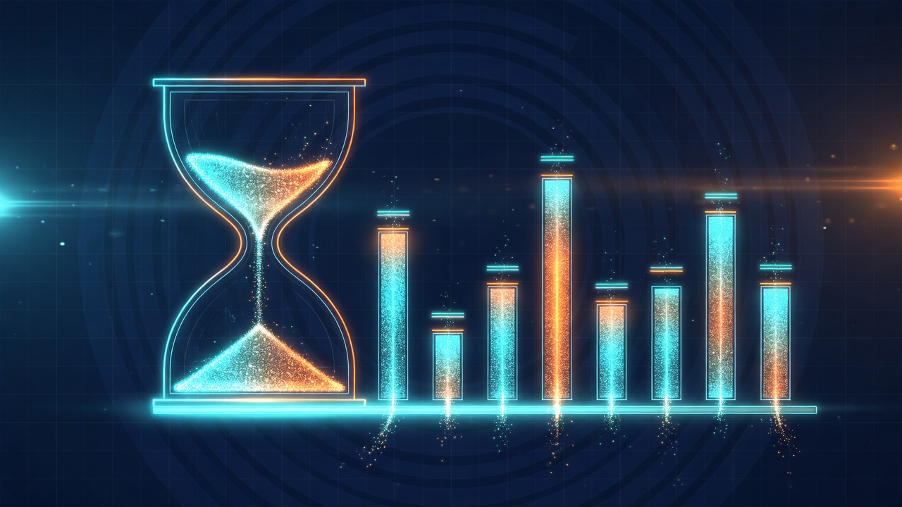Abstract technical illustration of an hourglass of fine luminous grains feeding a row of evenly spaced bars, cyan and orange on a dark navy ground