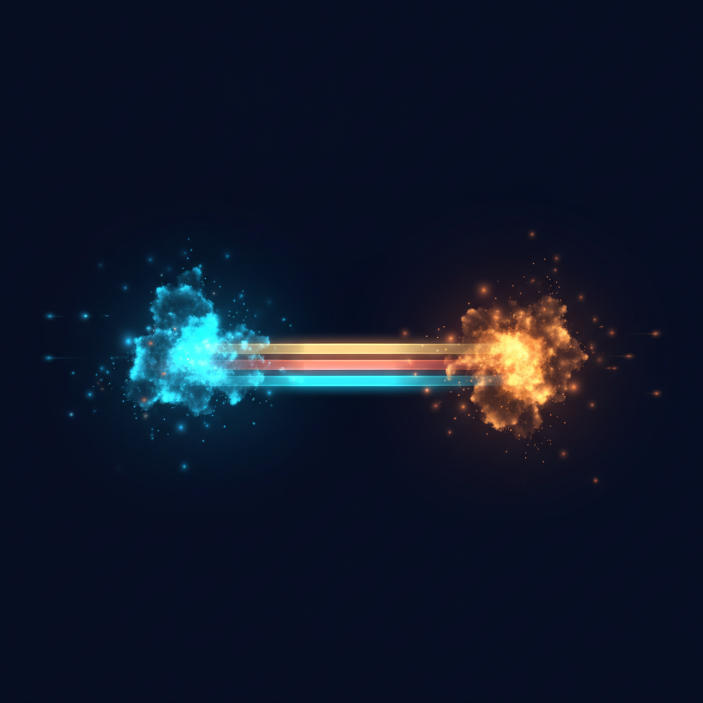 Abstract technical illustration of two separate clusters of light connected by a translucent relay bridge whose three layered channels thin out from bottom to top, cyan and orange on a dark ground