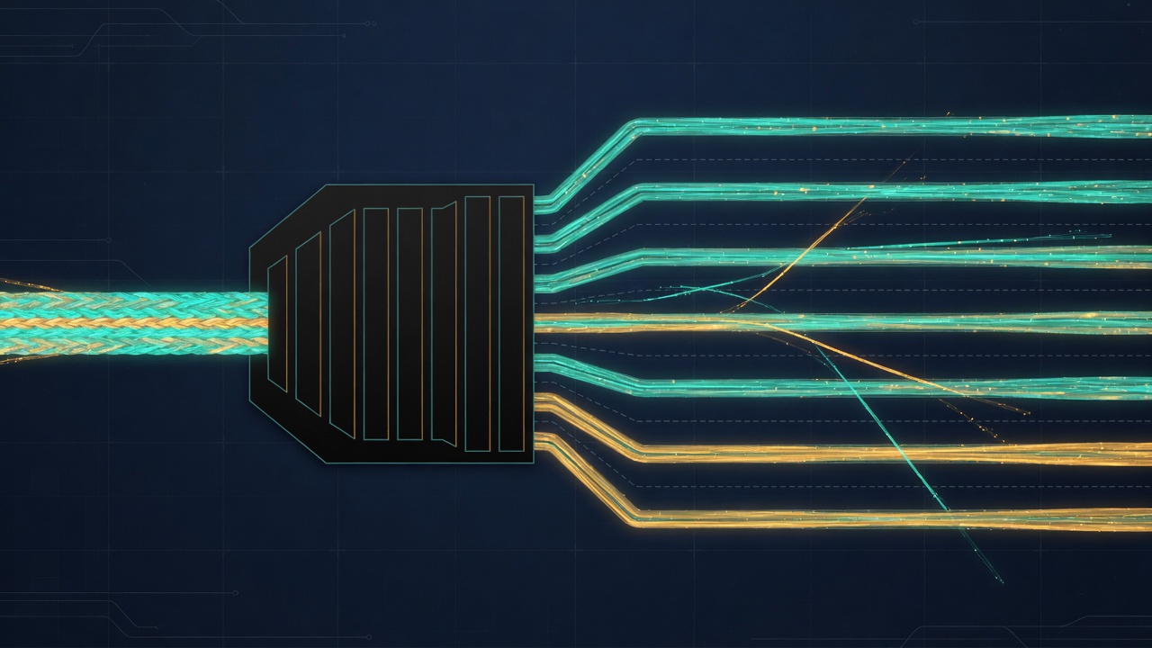 Abstract technical illustration of one signal stream splitting into eight lit channels through a sorting gate, with a few strands misdirected into neighbouring channels, teal and amber on a dark ground