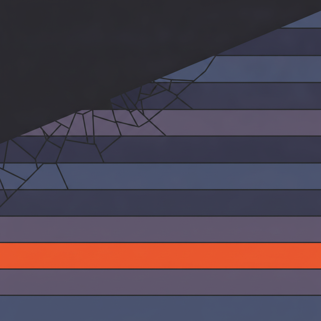 Abstract grid of unevenly divided horizontal bands, some split into fine segments and some left whole, on a dark ground