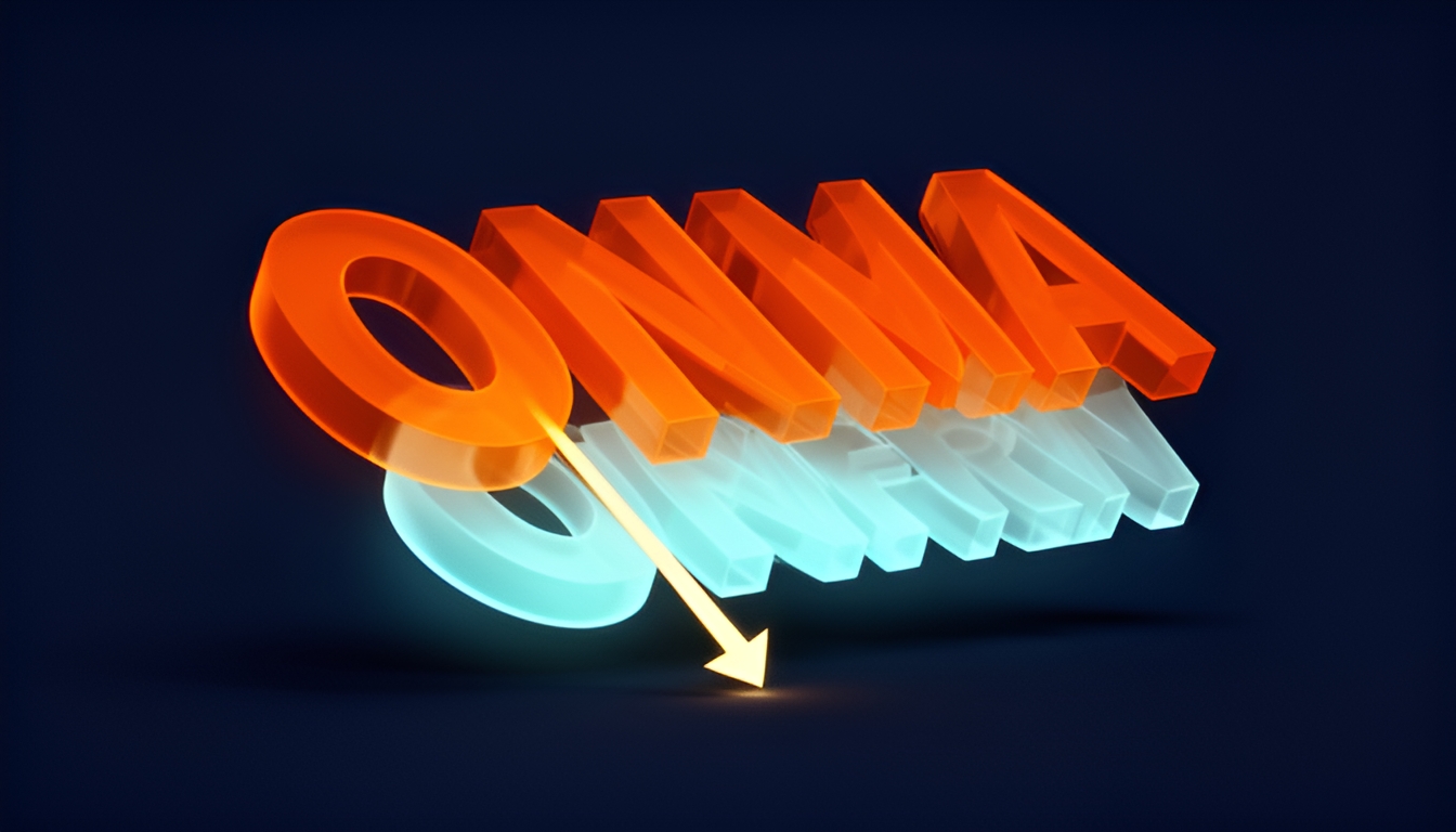 Abstract technical illustration of two overlapping translucent word-shapes on a dark navy ground, one large and dominant in orange representing an entrenched term, one smaller and fainter in cyan representing an official replacement term being pushed underneath it, with a thin arrow showing the smaller shape failing to surface