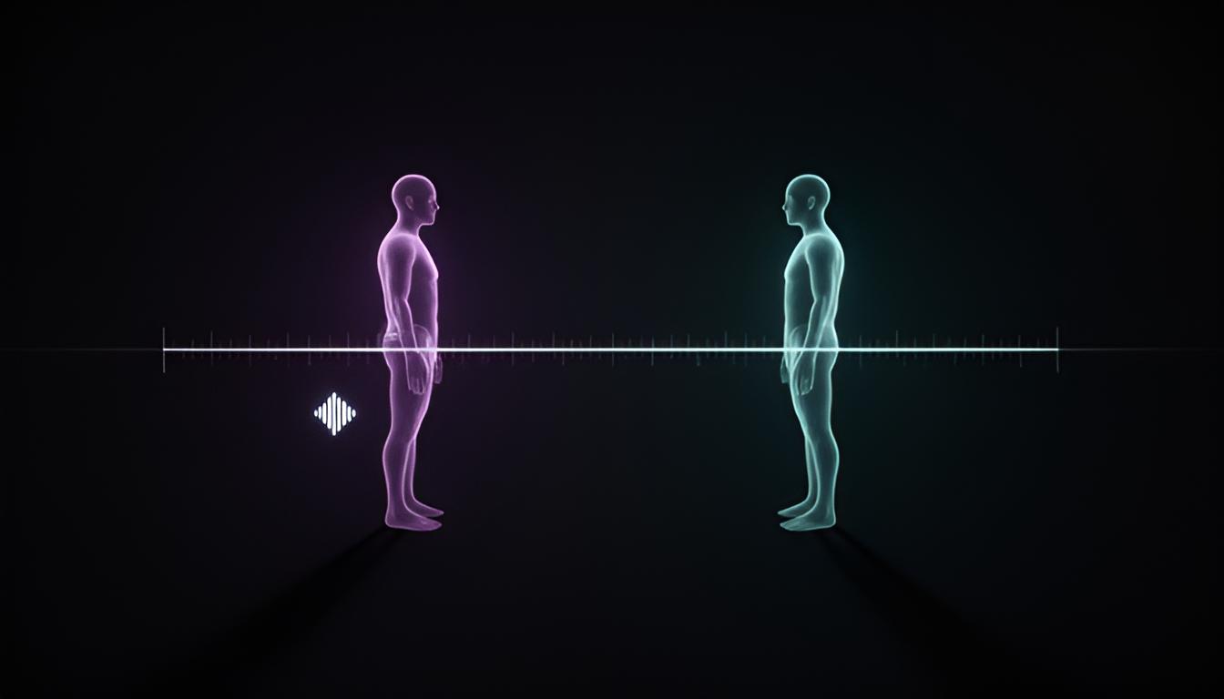 Abstract technical illustration of two translucent human silhouettes facing each other across a thin measuring line, one labelled with a soundwave icon, on a dark ground with muted violet and teal lighting