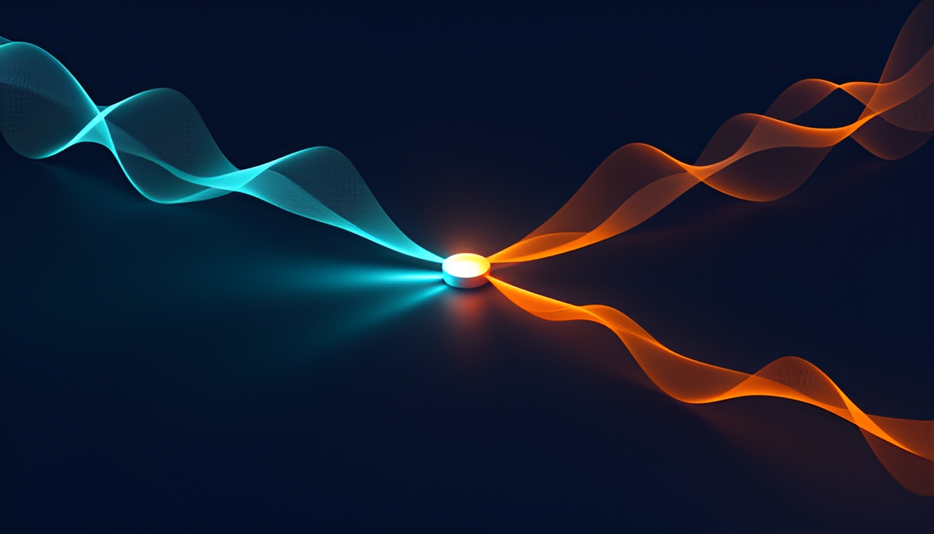 Abstract technical illustration of two different waveforms converging on one shared glowing silhouette node while a single waveform splits toward two separate nodes, cyan and orange on a dark navy ground
