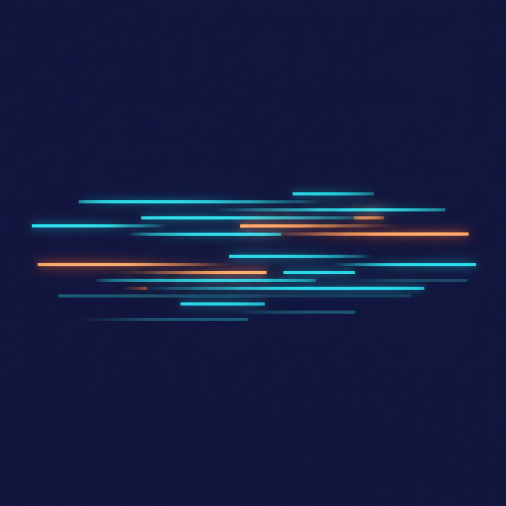 Abstract technical illustration of two overlapping translucent text-line layers, one older and faded, one bright, with a few highlighted segments shifting between them, cyan and orange on a dark ground