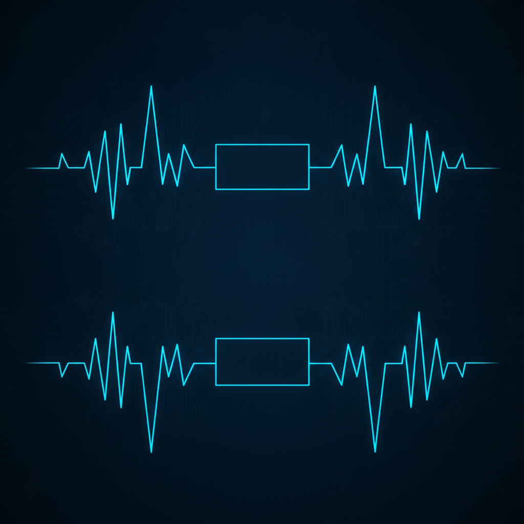 Abstract dark navy waveform with gaps marking silences, aligned across two tracks