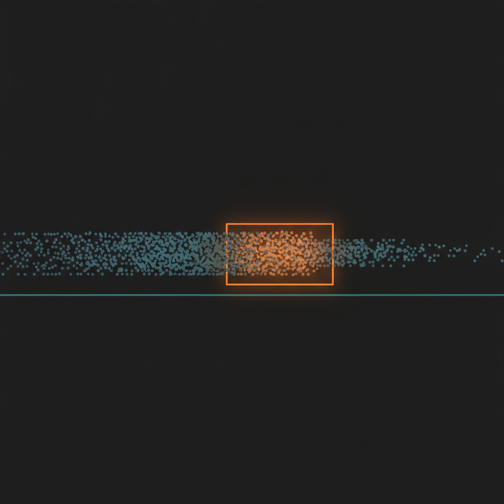 Abstract diagram of a narrow audio stream widening into a long buffered block before narrowing again, on a dark ground