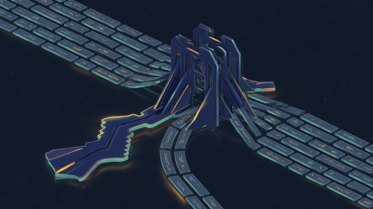 Abstract technical illustration of a stream of short glyph strips passing a sorting gate, part of the stream bending into a second channel of a different shape, teal and amber on a dark navy ground