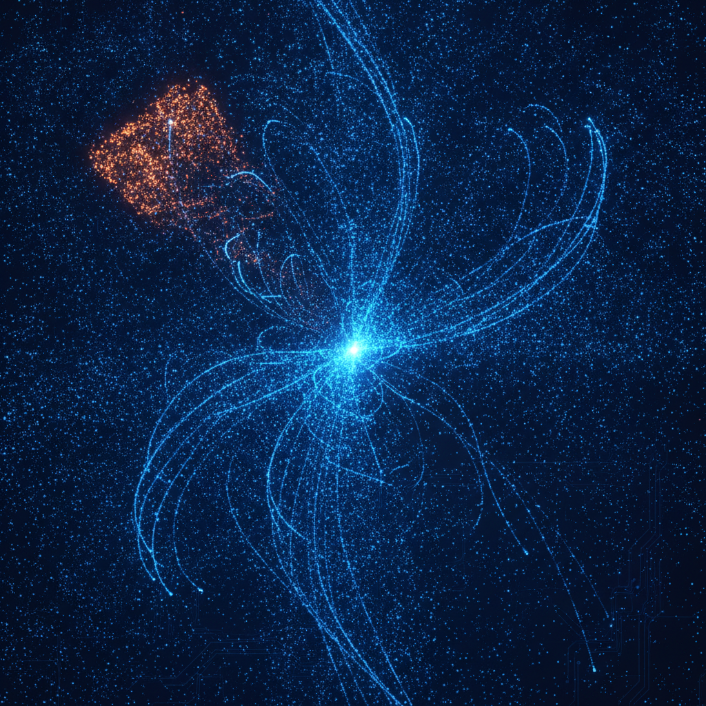 Abstract technical illustration of many small points of light pulled toward one bright centre on a dark navy ground, a cool blue field with a single orange cluster