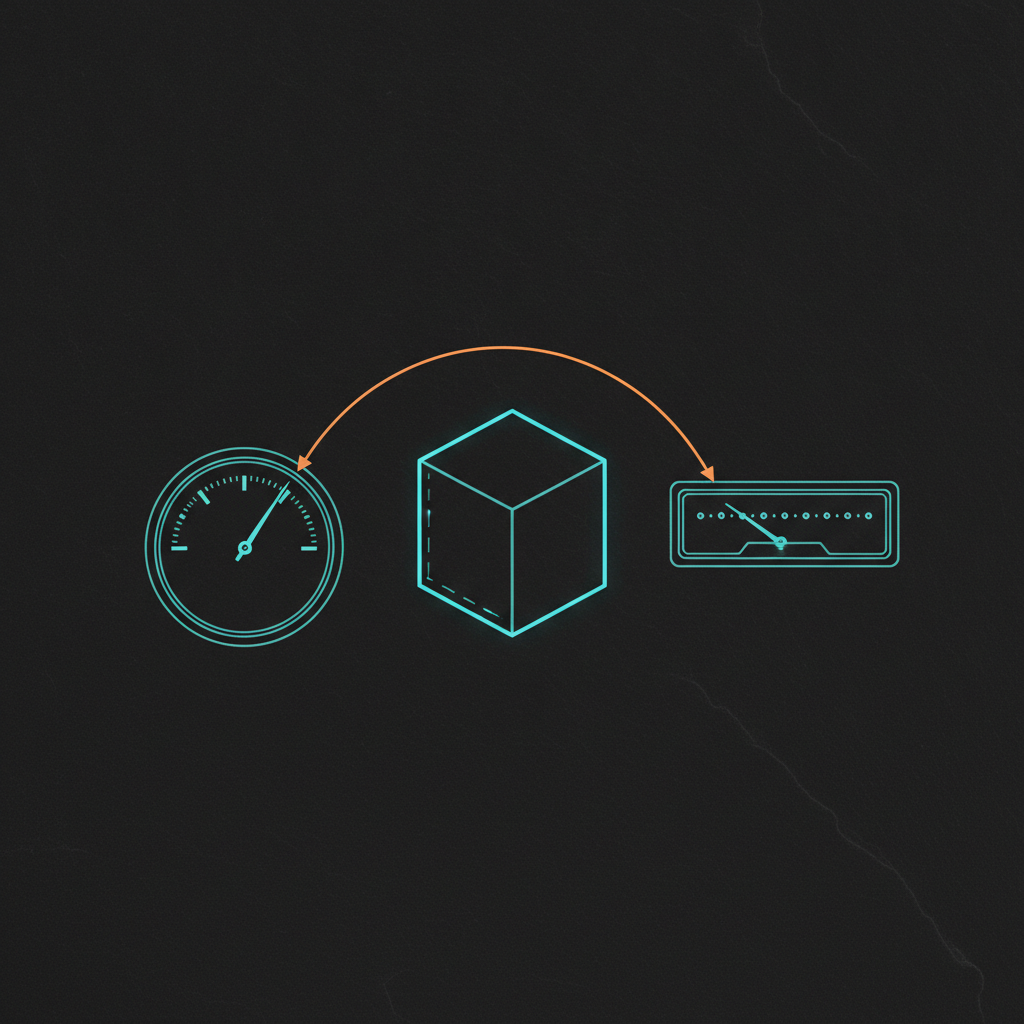 Abstract technical illustration of two measurement scales reading opposite values on the same object, rendered in cyan and slate on a dark ground