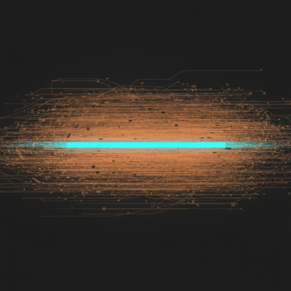 Abstract technical illustration of a narrow signal band buried inside a much wider band of interference, cyan against orange on a dark ground