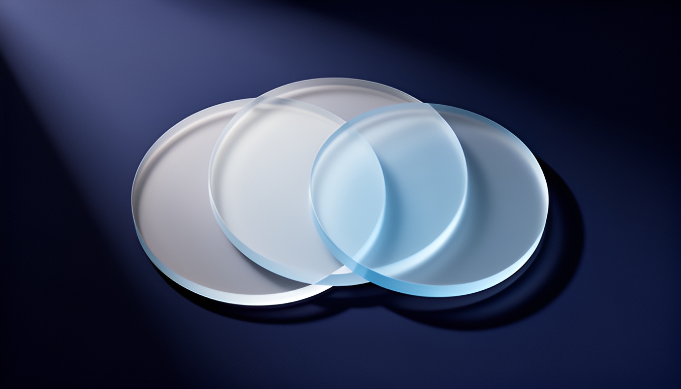 Abstract technical illustration of five overlapping translucent discs of different diameters stacked off-center on a dark navy ground, each disc a different size representing a different market estimate, with one pair of discs nearly identical in color but wildly different in size