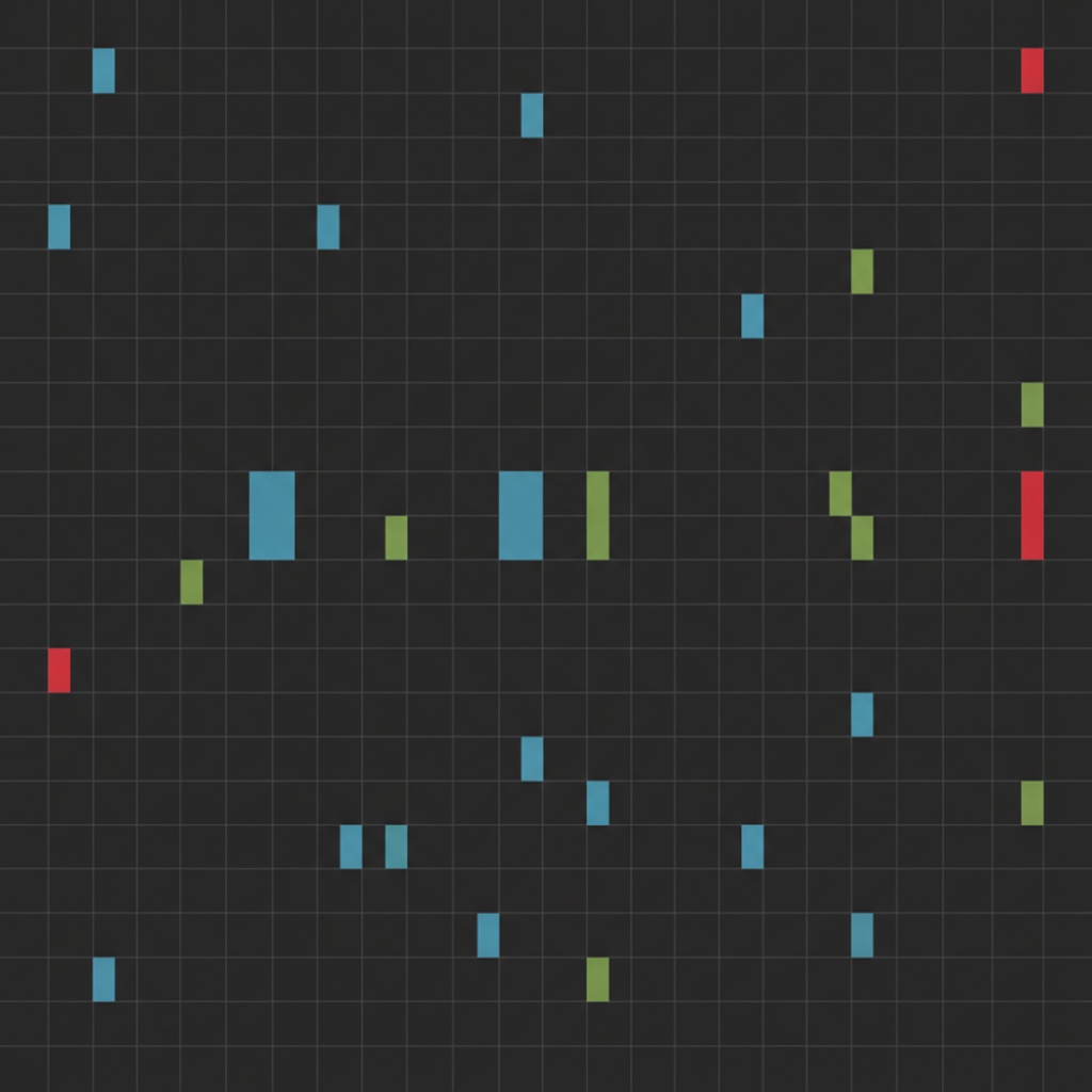 Abstract scatter of unevenly sized blocks with no trend line through them, on a dark ground