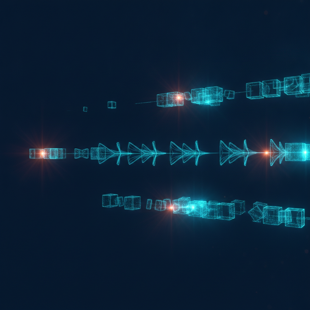 Abstract technical illustration of a stream of structured blocks splitting into three channels, one passing straight through, one with some blocks locked in place, one being rebuilt, cyan and orange on a dark ground