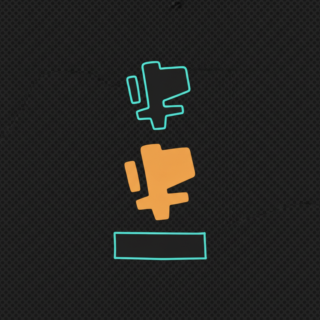 Abstract technical illustration of a bold drawn glyph shape being lifted off a halftone-dot background and replaced by a plain geometric outline of the same footprint, orange and cyan on a dark ground