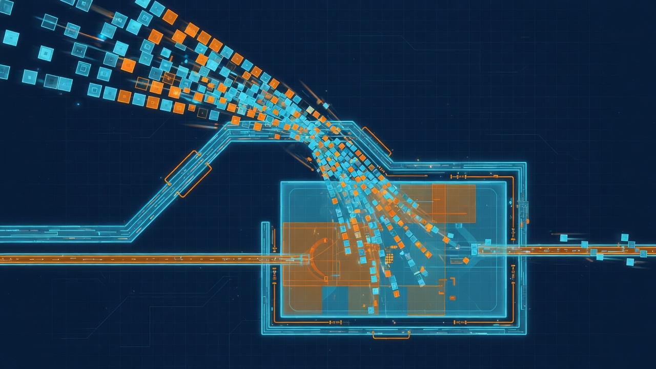Abstract technical illustration of a stream of small tiles almost all diverted through a wide gate into a sorting chamber, with only a thin side channel passing straight through, cyan and orange on a dark navy ground