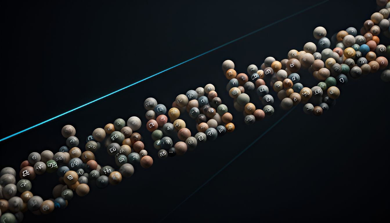 Abstract technical illustration of a sentence rendered as a string of beads, each bead a different muted color representing a different language tag, on a dark ground with a thin cyan scanning line
