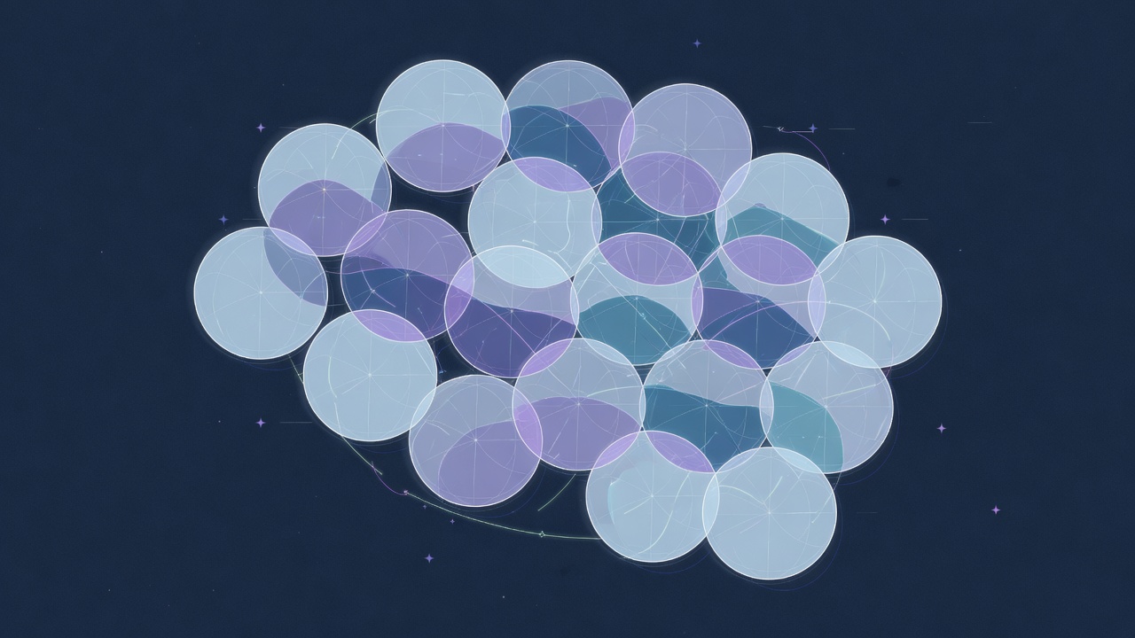 Abstract technical illustration of 26 overlapping translucent circles of similar size clustered densely together with no single enlarged dominant circle, connected by faint lines, on a dark navy ground
