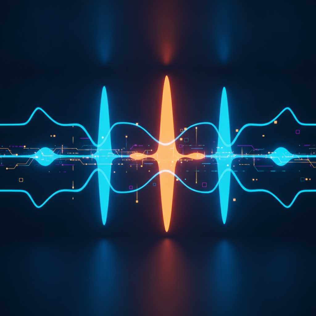 Abstract technical illustration of five uneven sound-wave bands, one much taller than the rest, cyan and orange on a dark navy ground